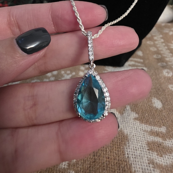 Blue And Clear Stone Drop Necklace On 24 Inch 925 Italy Chain - Picture 6 of 16